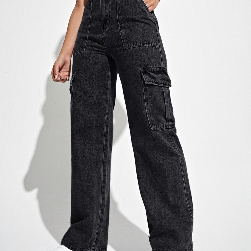 Black Casual Womens High Waist Flap Pocket Side Cargo Jeans - Picture 2 of 5